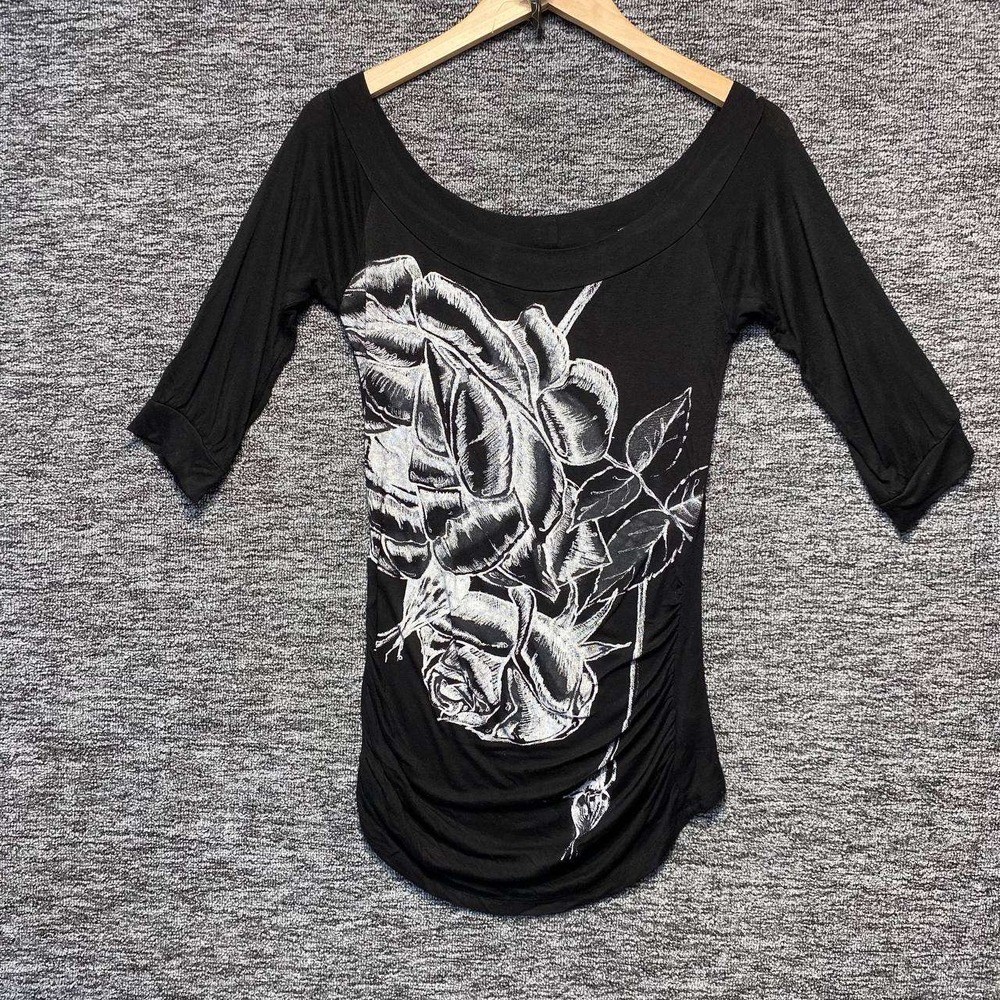 VTG Y2K Arden B Graphic Rose Ruched Top Women Small Black Mall Goth Indie Sleaze